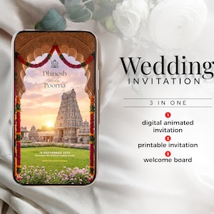 Może przedstawiać: Smartfon wyświetla zaproszenie ślubne z imionami "Dhinesh" i "Poorna" nad zdjęciem świątyni. Zaproszenie zawiera tekst "Wedding Invitation" i "3 in one" z opcjami cyfrowymi, do druku i tablicą powitalną.