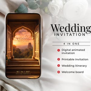 May include: A smartphone displays a wedding invitation design with an archway overlooking a sunset. The text "Wedding Invitation" is at the top, with "4 in one" below. The invitation includes a digital animated version, printable version, itinerary, and welcome board.