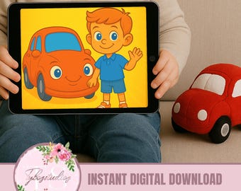 Op de afbeelding: Een kind houdt een tablet vast met een cartoon van een oranje auto en een zwaaiende jongen. Een rode pluche auto met witte wielen staat ernaast. Het tabletscherm heeft een gele achtergrond. De tekst "INSTANT DIGITAL DOWNLOAD" is ook aanwezig.