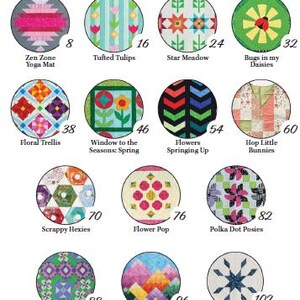 Op de afbeelding: Een verzameling cirkelvormige stoffen ontwerpen met verschillende patronen en kleuren. De ontwerpen omvatten bloemen-, geometrische en abstracte motieven, met tekstlabels zoals "Zen Zone Yoga Mat", "Tufted Tulips" en "Star Meadow". Cijfers van 8 tot 102 zijn ook aanwezig.