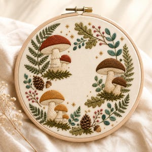 May include: A circular wooden embroidery hoop containing a cream-colored fabric panel with a hand-stitched botanical design. The embroidery features various mushrooms, pinecones, acorns, fern fronds, oak leaves, and small gold star accents.