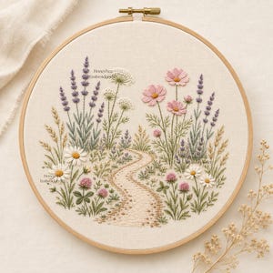 May include: A circular wooden embroidery hoop containing a fabric panel with a hand-stitched scene of a winding path through a meadow. The design features lavender sprigs, pink cosmos flowers, white daisies, and clover on a cream background.