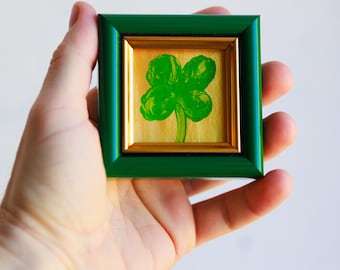 Lucky Four Leaf Clover Mini Painting | Gold Green Charm | Tiny Framed Good Luck Gift | 2x2 inch