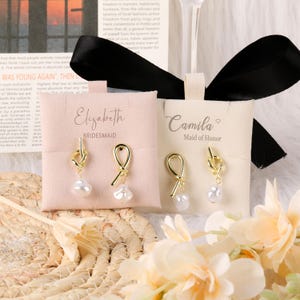 Bridesmaid Earrings 18k Gold Plated, Pearl Knot Earrings, Maid of Honor Jewelry Bridesmaid Gifts Earrings, Bridesmaid Jewelry Pouch