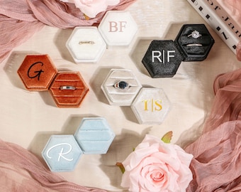 Personalized Velvet Ring Box, Wedding Gift, Triple Slot Wedding Ring Box, Anniversary Gift, Engagement Ring Box, Proposal Ring Bearer