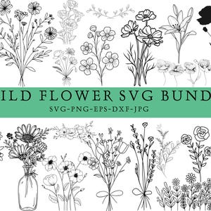 Bundle Svg de fleurs sauvages, bordure de fleurs SVG, bouquet de fleurs minimaliste, Svg de croquis de fleurs, svg floral, clipart fleurs sauvages, fichiers coupés pour Cricut
