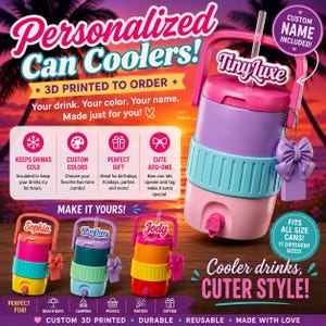May include: A multi-colored, 3D-printed beverage cooler with a handle, a straw, and a decorative bow charm. The cooler features a pink base, a light blue middle section, and a purple top lid. The text TinyLuxe is displayed on the lid.