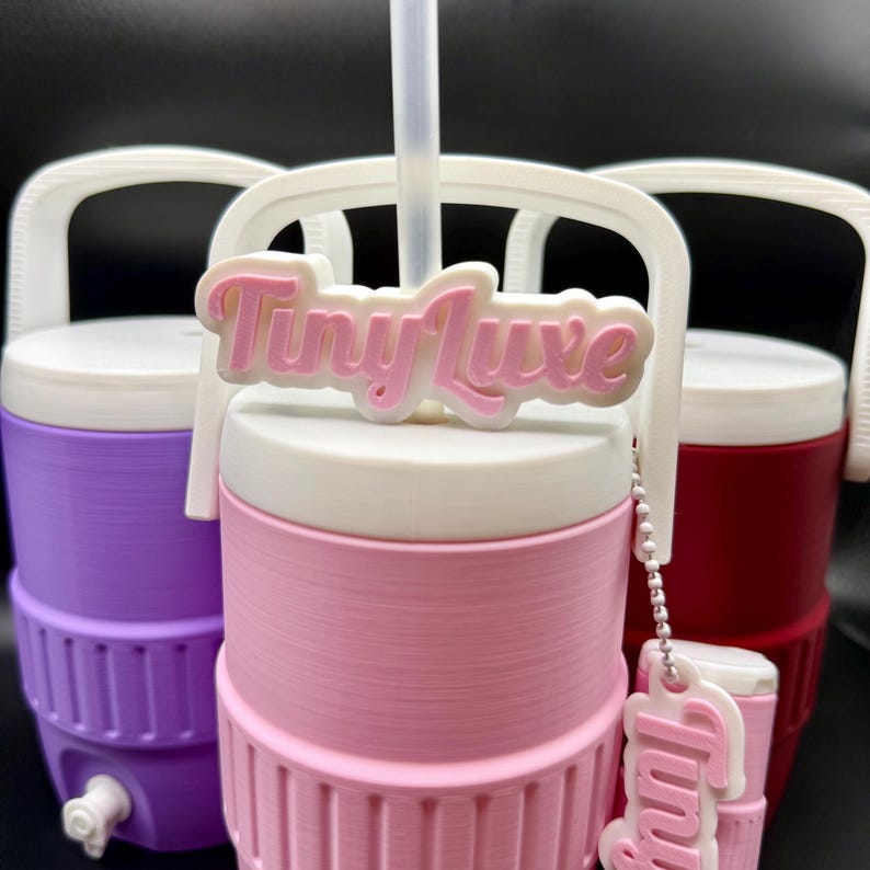 May include: Three insulated water coolers in purple, pink, and red, each with a white handle and lid. The pink cooler has a white and pink "Tiny Luxe" logo on top, and a smaller matching charm. A clear straw extends from the pink cooler.