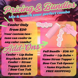 May include: A promotional image for Tiny Luxe products, featuring a pink can cooler, lip balm, keychain, straw topper, and bow can tab opener. Text includes "Pricing & Bundles" and "Add-Ons", with prices and product combinations.