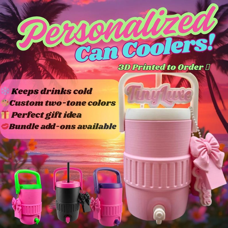 May include: Pink and white personalized can coolers with the text "Tiny Luxe" and a pink bow. The image also shows three smaller can coolers in pink, black, and purple with green, black, and purple handles.