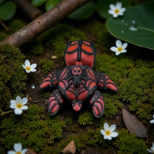 May include: A red and black turtle figurine with a spiderweb design on its shell. The figurine is set on a bed of green moss, surrounded by small white flowers and a small branch.