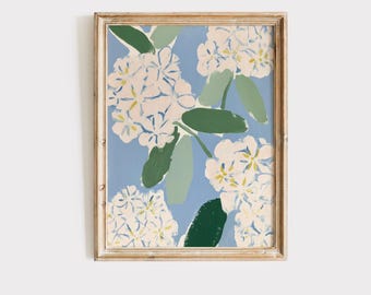 Arte mural floral sureño moderno, decoración botánica femenina, arte mural de flores de hortensia blanca sueltas, descarga instantánea, decoración femenina azul y verde.