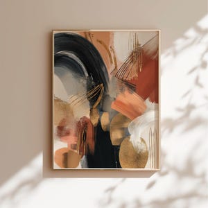 Modern Abstract Terracotta Wall Art Black Gold Textured Print, Bold Brushstroke Abstract Gold Foil Print, Terracotta Soft Beige Home Decor