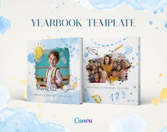 Plantilla editable para anuario de escuela primaria, libro de recuerdos de clase imprimible, anuario imprimible en Canva, álbum de fotos de fin de año escolar y graduación.