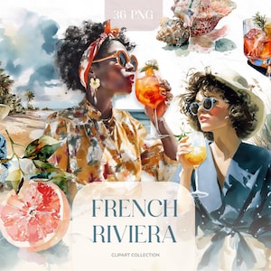 Set di clipart per vacanze chic in Costa Azzurra, spiaggia mediterranea, amante della Francia, nautico, viaggi, adesivi digitali per l'estate francese