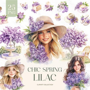 Clipart de primavera de acuarela Cottagecore, ramos de lilas malva, composiciones de primavera de acuarela, clipart de niña, álbum de recortes floral morado lila PNG