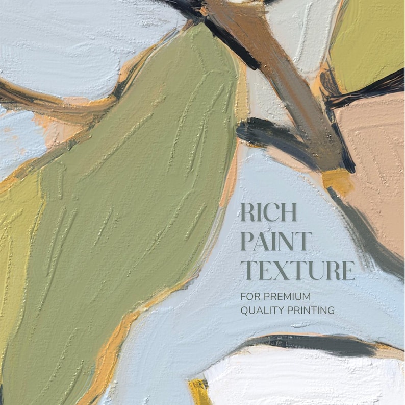 Puede incluir: Pintura abstracta con textura rica. La obra presenta una paleta de colores apagados, incluyendo verde, beige y azul, con toques de amarillo y marr&oacute;n. El texto en la imagen dice "RICH PAINT TEXTURE FOR PREMIUM QUALITY PRINTING."