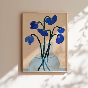 Minimalist Blue Flower Art Print Modern Home Decor Abstract Botanical Illustration Neutral Printable Artwork Flower Poster Digital Download