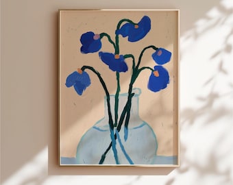 Minimalist Blue Flower Art Print Modern Home Decor Abstract Botanical Illustration Neutral Printable Artwork Flower Poster Digital Download