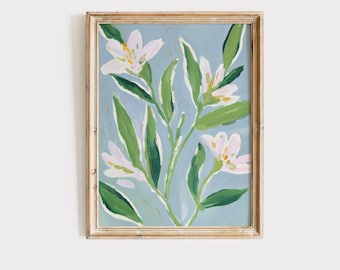 Pintura al óleo moderna de flores azules, flores blancas, descarga digital, arte mural de flores blancas neutras, motivo floral, impresión vintage grande, textura de pintura