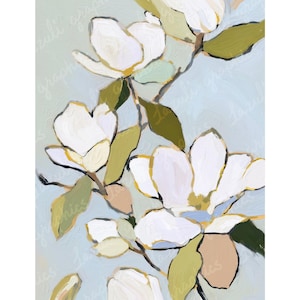 Puede incluir: Pintura abstracta de flores de magnolia blancas con centros amarillos y hojas verdes sobre un fondo azul claro. La obra de arte tiene un estilo texturizado de pincelada, con las palabras "Lazuli Graphics" d&eacute;bilmente visibles.