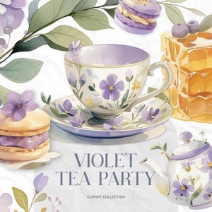 Jardim de primavera vintage, aquarela PNG clipart, violetas, bules, xícaras de chá, macarons franceses, design de chá de convite floral fofo botânico