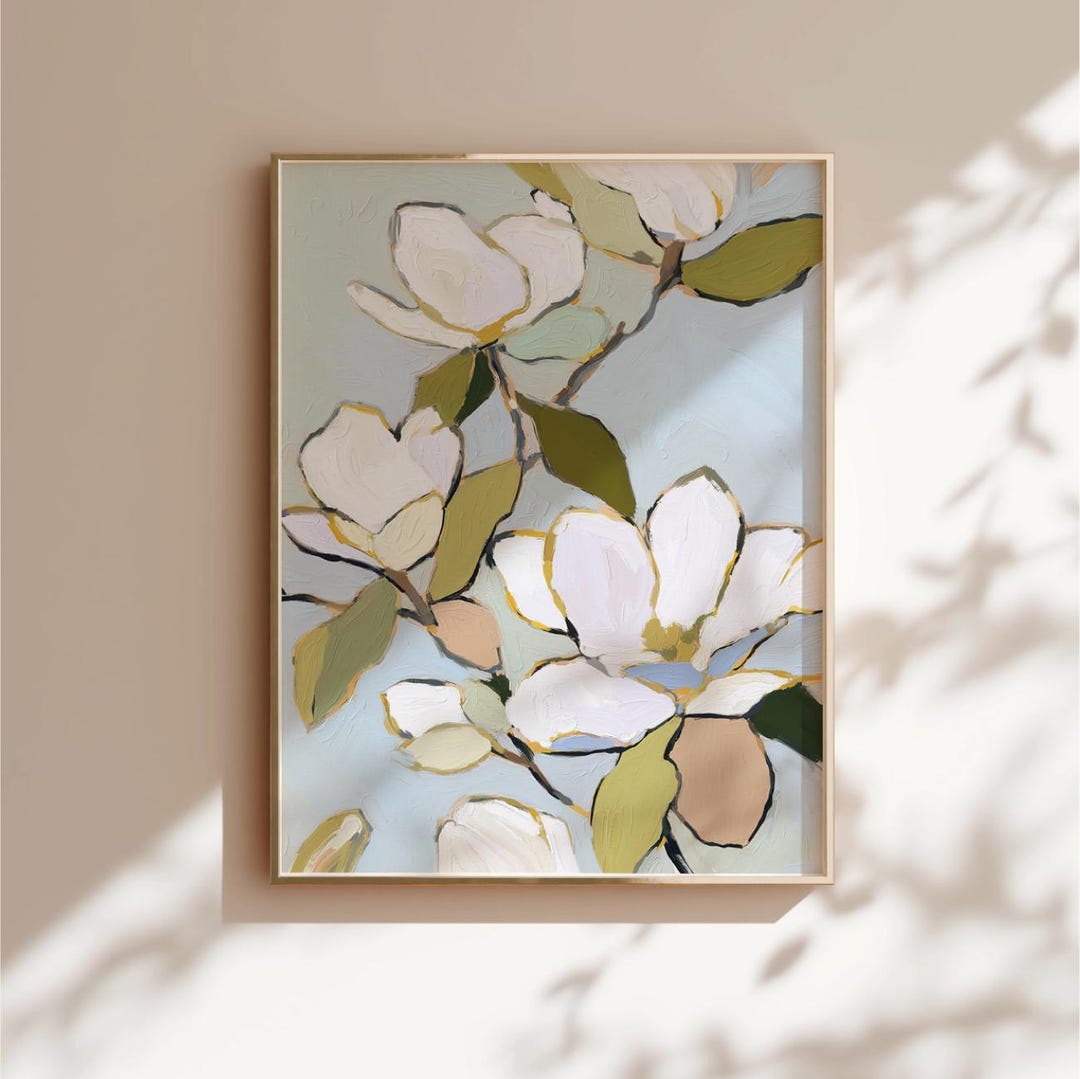 White Magnolia Flower Wall Decor Digital Download Abstract Floral Art Green Leaves Light B