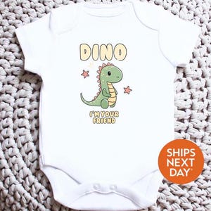 Friendly Dino Baby Onesie – “I’m Your Friend” Dinosaur Design – Soft Cotton Unisex Bodysuit – Fun Baby Gift – Baby Outfit