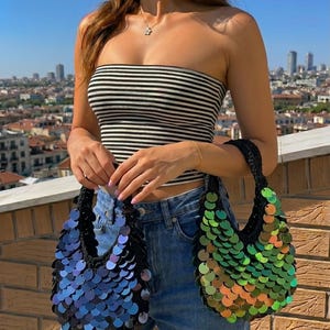 Sac hobo à sequins argentés, bandoulière en crochet fait main, sac à main disco de l'an 2000