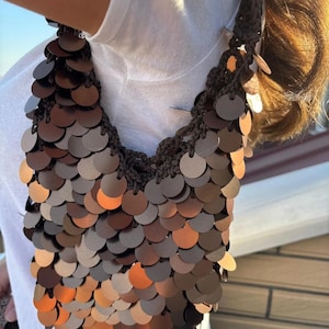 Silver Sequin Hobo Bag, Handmade Crochet Strap, Y2K Disco Purse