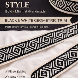 Ribete geométrico étnico en blanco y negro, cinta de tapicería estilo boho, manualidades para bolsos, cortinas y cojines
