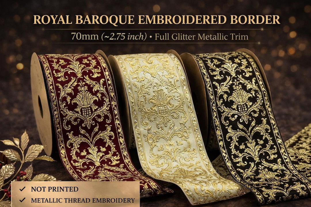 Royal Baroque Embroidered Ribbon, 70mm Gold Metallic Trim, Ornate ...