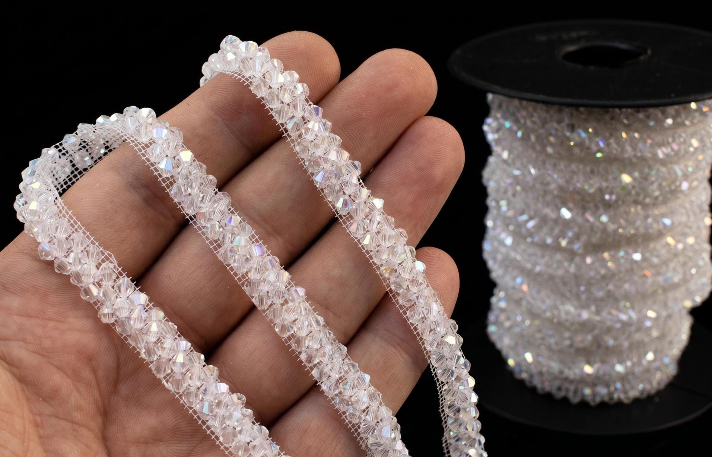 Crystal Beaded Trim, Clear Rhinestone Lace Ribbon, Bridal Embellishment ...