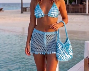 Pailletten Häkeln Strand Set, Bikini Top, Rock, Mütze, Tasche, Boho Festival Outfit