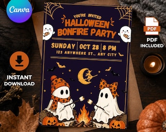 May include: A rectangular Halloween bonfire party invitation card featuring a dark purple background with orange text. Two ghosts sit by a campfire roasting marshmallows. The card includes a crescent moon, bats, spiderwebs, and pumpkins.