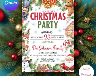 May include: A Christmas party invitation with festive illustrations of a nutcracker, reindeer, gingerbread house, snowman, and Santa Claus. The invitation text reads "Join us for a Christmas Party" hosted by The Johnson Family.