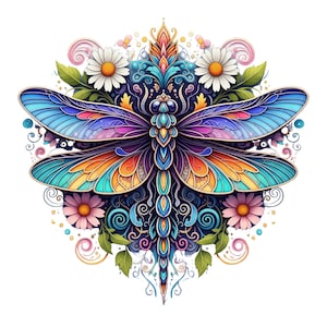 Puede incluir: Ilustración colorida de una libélula con detalles intrincados. La libélula presenta alas en tonos azules, morados, naranjas y amarillos. El diseño incluye elementos florales como margaritas y flores rosas, sobre un fondo azul oscuro.