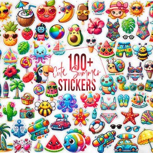 Feuille d’autocollants numériques Kawaii Été & Vacances à la Plage : Plus de 100 Stickers PNG Tropicaux Mignons pour Planners et Projets