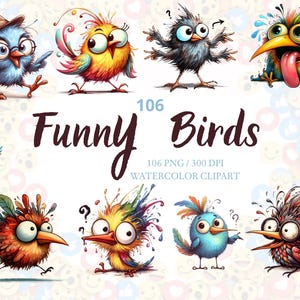 Lot de 106 images clipart d'oiseaux aquarelles fantaisistes : jolis dessins au format PNG pour loisirs créatifs, sublimation et art numérique pour enfants. Téléchargement numérique transparent.