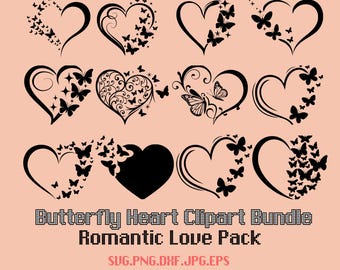 Butterfly Heart Clipart Bundle | Romantic Love Svg Png Dxf Jpg Eps Pack