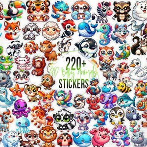Foglio di Adesivi Digitali 3D Kawaii Animali: Oltre 220 Clipart PNG Carinissimi per Lavoretti Creativi e Journaling per Bambini