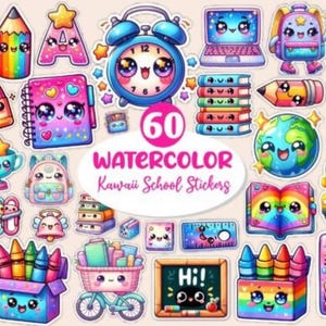 Pacchetto da 60 PNG Scuola Kawaii – Grafica per Planner & Clipart Fantasiose per il Ritorno a Scuola – Ideale per Sublimazione e Progetti