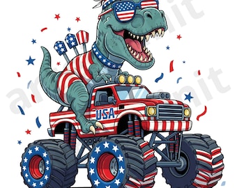 Funny 4th of July T-Rex Monster Truck PNG SVG | Patriotic Dinosaur Clipart for Kids | Independence Day Shirt Design | Digital Download