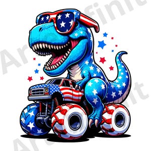 T-Rex Monster Truck Patriottico SVG | Design di Dinosaurio per Magliette del Giorno dell'Indipendenza del 4 Luglio per Bambini