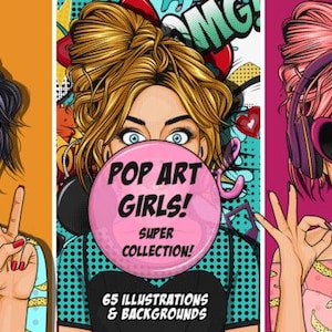 Retro Pop Art Girl Clipart: digitale stickers in stripstijl met tekstballonnen en elementen voor directe download