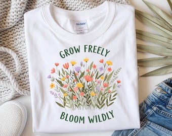 Grow Freely Boho Floral PNG | Inspirational Self-Love Sublimation Design | Mental Health Affirmation Wildflower PNG for T-Shirts & Decor