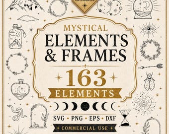 163 Mystical Celestial SVG Bundle - Hand-Drawn Witchy Clipart - Moon Phases, Constellations, Sun, Stars, Crystals PNG eps DXF for Cricut