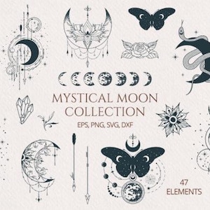 Pacote SVG Lua Mística: 47 fases lunares florais celestiais desenhadas à mão para artesanato boho de bruxaria PNG EPS dxf Arquivos de silhueta Boho Cricut