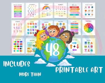 Educational Posters for Kids | 48 Learning Printables for Classroom & Homeschool | Alphabet and Numbers Wall Art | Playroom Decor
