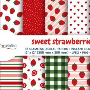 Pack de Papiers Numériques Fraise Sucrée : 12 Motifs Sans Couture avec Vichy, Pois et Cœurs 30x30 cm JPEG & PNG | Téléchargement Instantané